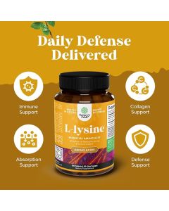 High strength L-Lysine capsules dietary supplement packaging image
